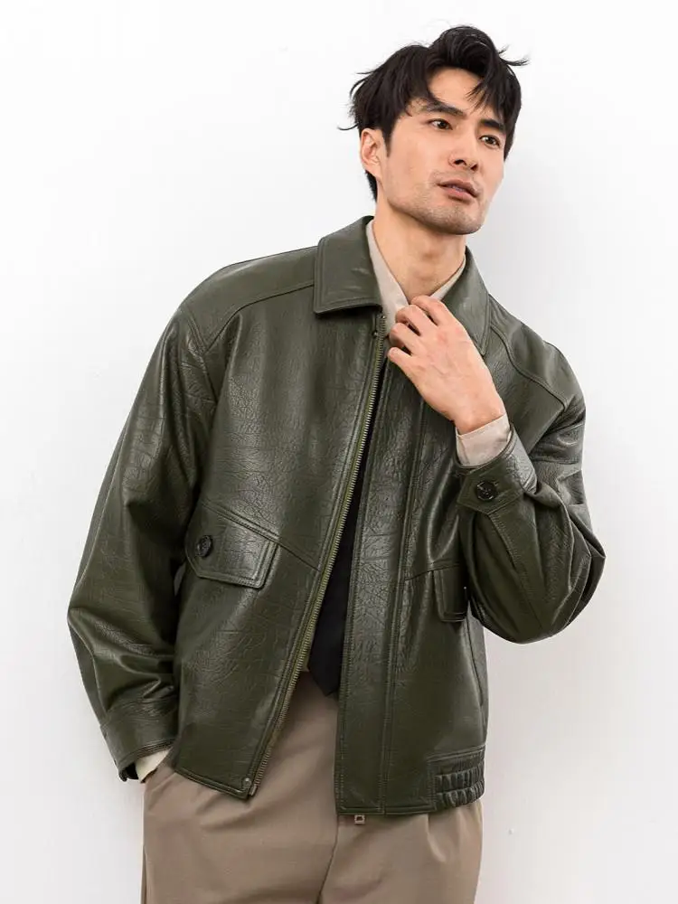 Fashion Men Business Work Real Sheepskin Genuine Leather Jacket Loose Fit Motorcycle Riding Coat Windproof Soft Leather Jacket