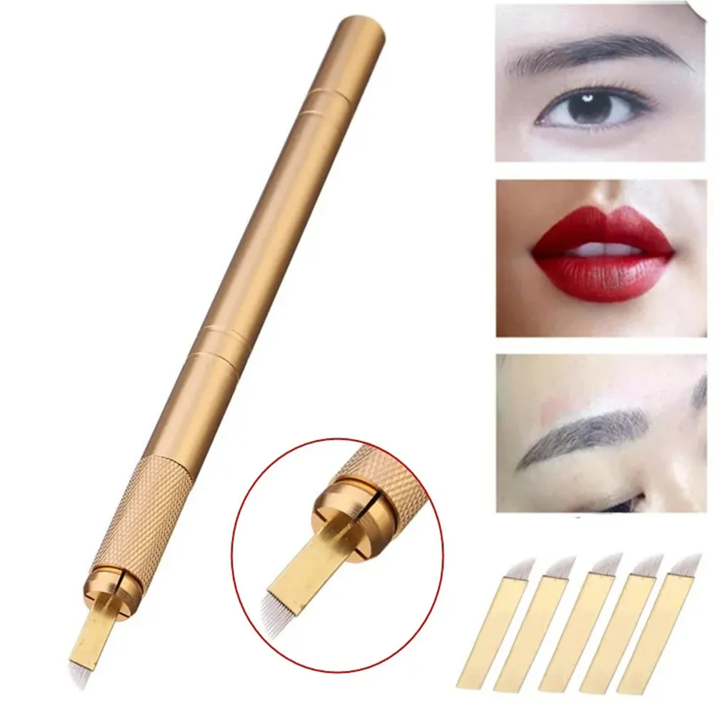 1pc Golden Tebori Pen Manual Microblading Tattoo Pen with and 5 Pcs 12 Pins Microblading Needles