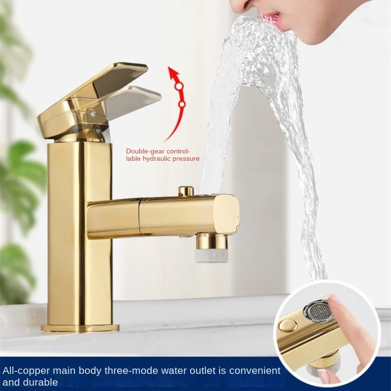 

All Copper European Style Pull-out Faucet Bathroom Sink Washbasin Hand Basin Golden Basin Faucet Gargle Hot and Cold