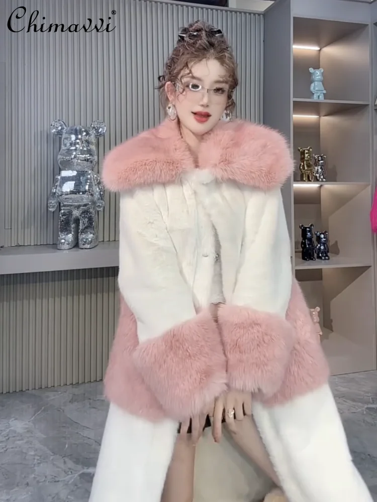 Nowe zimowe ubrania 2025, gruby płaszcz z futra dla kobiet, luksusowy płaszcz średniej długości z kołnierzem z sztucznego futra lisa, długi rękaw, luźny, elegancki, ciepły.