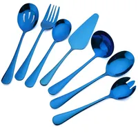 7Pcs Stainless Steel Blue Dinnerware Set Soup Spoon Colander Spoon Service Spoon Salad Fork Cake Spatula Kitchen Home Tableware