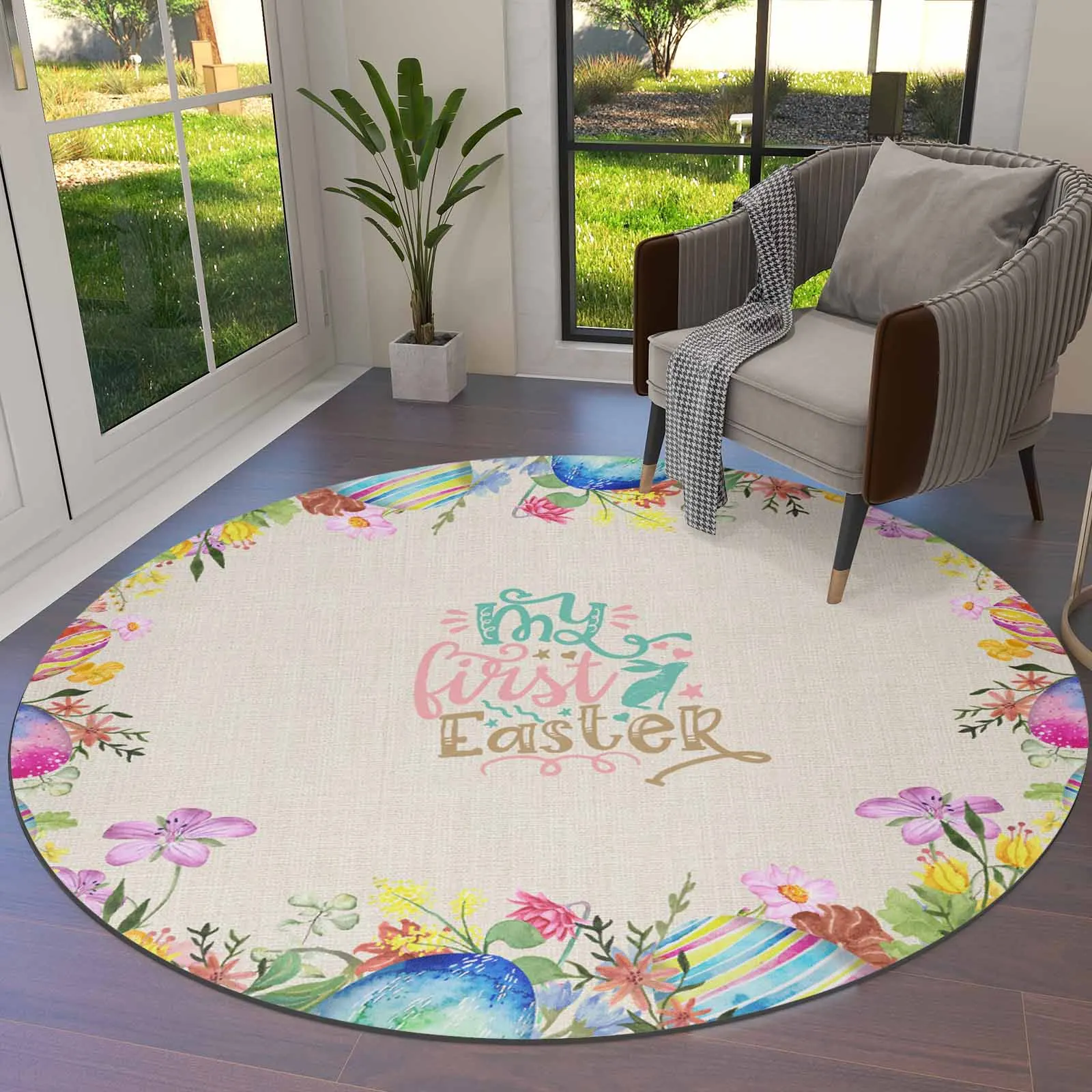 Watercolor Easter Eggs And Flowers Round Area Rug Carpets For Living Room Large Mat Home Bedroom Kid Room Decoration