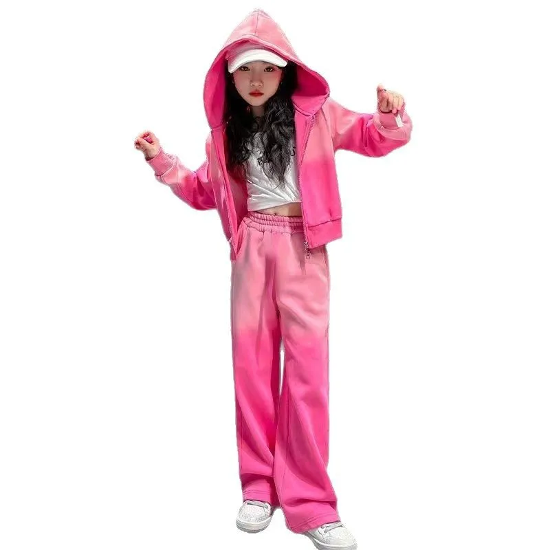 Girls Tie Dye Crop Zip Sweatshirt Jacket+Sweatpant School Kids 2PCS Tracksuit Children Jogger Outfit Student Workout Set  987