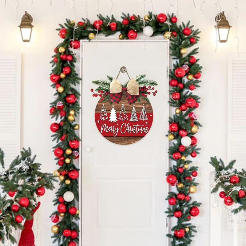 Christmas tree front door logo wreath with checkered bow and red berries indoor wall decoration 30cm X30cm