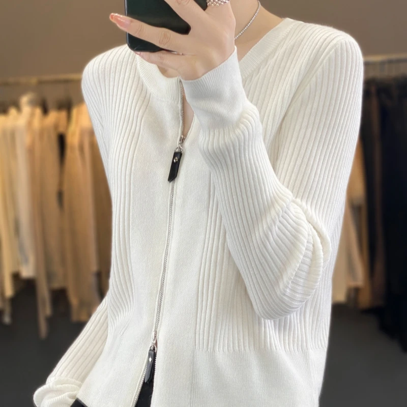 Women's Cardigan Spring/Autumn Solid Wool Sweater Casual Knitwear Slim Fit Ladies Tops Round Neck Jacket Tops Basics Blouse