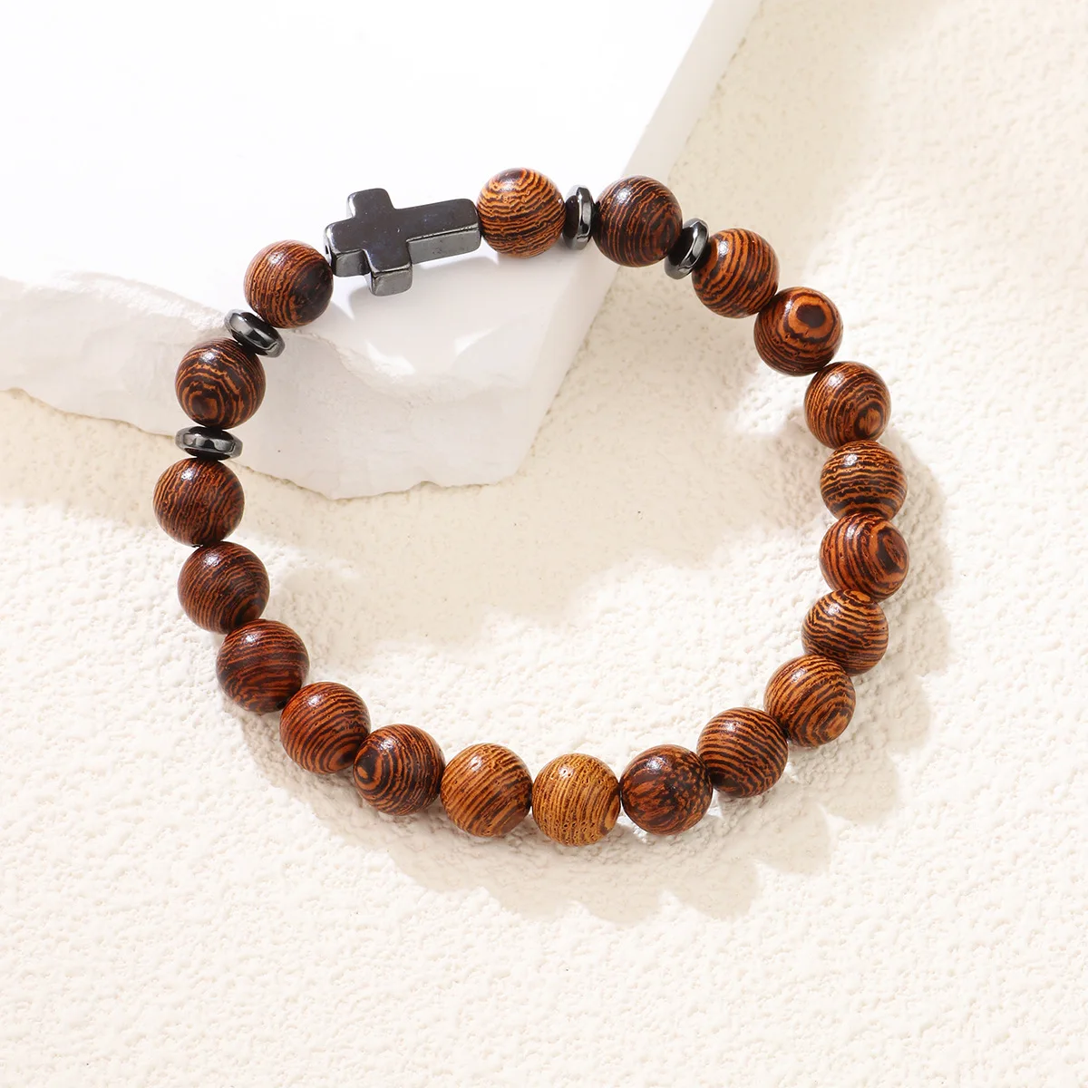 Black gallstone cross beaded bracelet men's wood grain bracelet