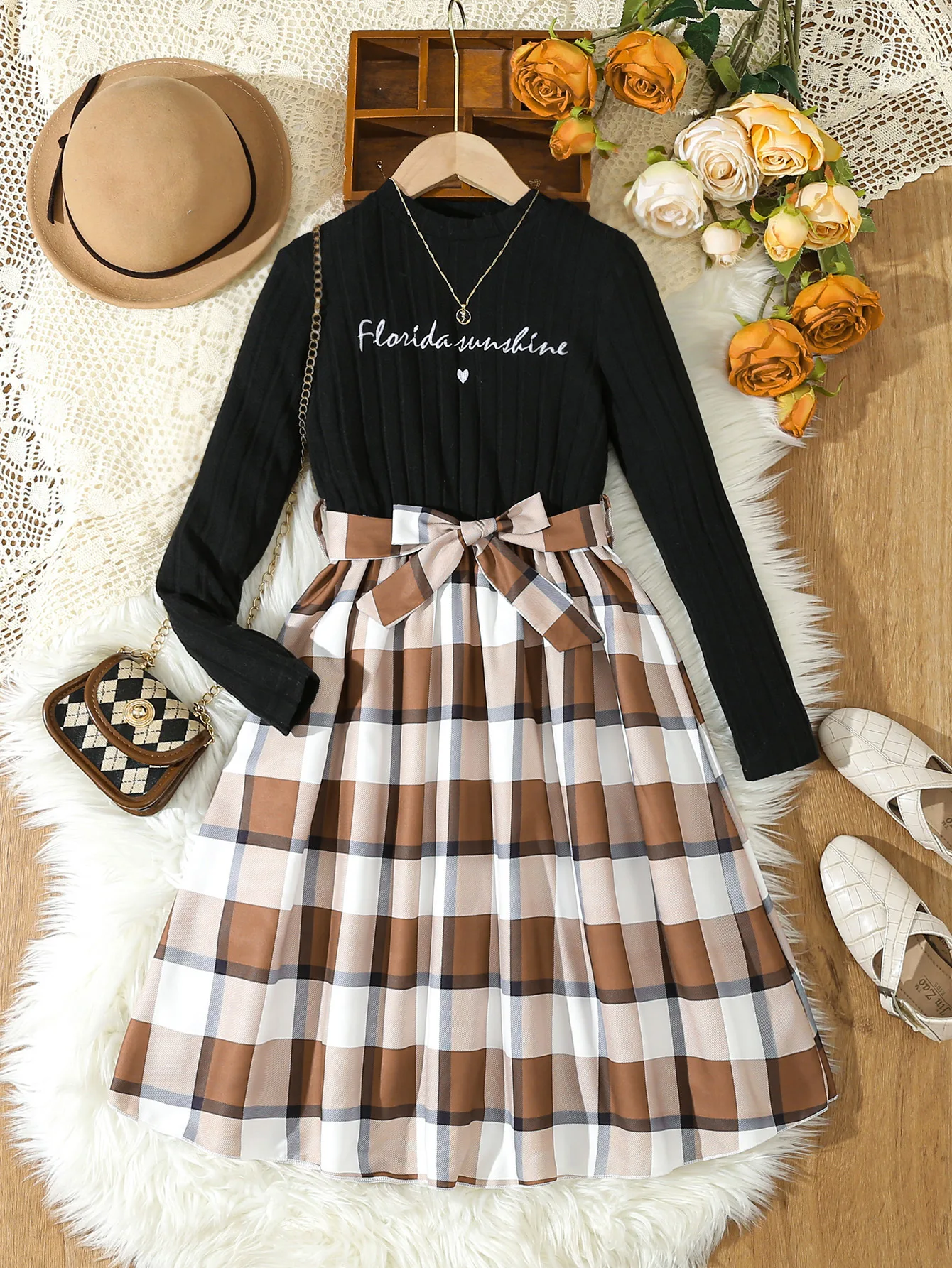 

Girls fashion Plaid Dress Girls spring and autumn 2025 NEW Suit Girls O-neck Long Sleeve Patching Plaid Skirt 2 piece set Teen
