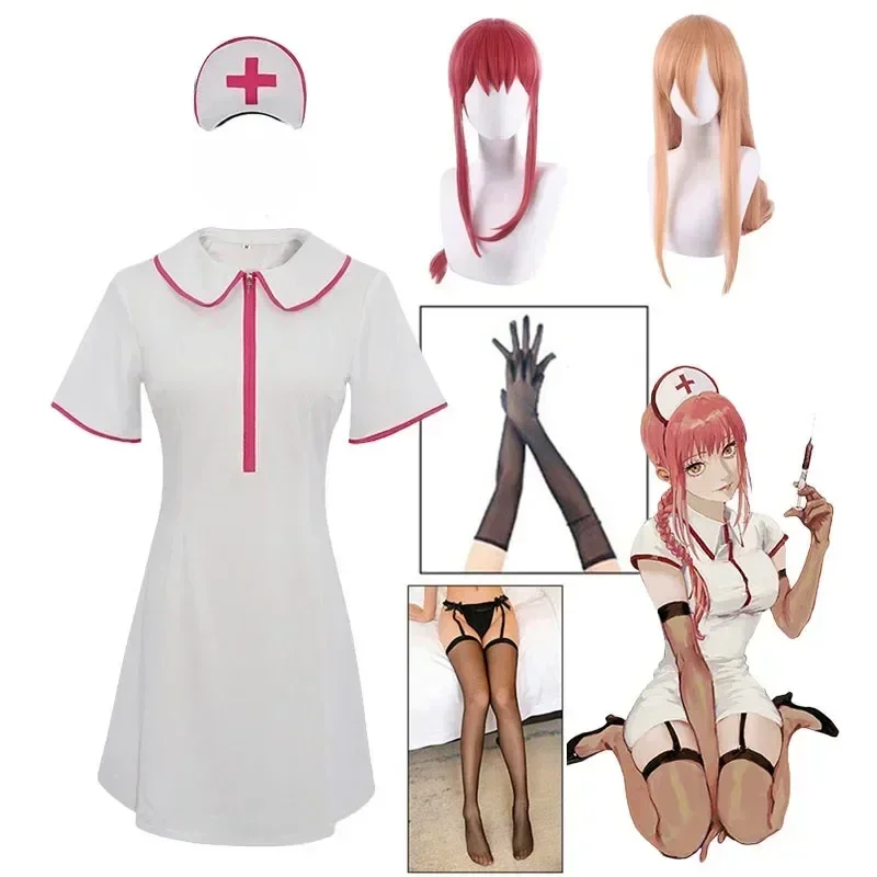 

Makima Косплей Платье Медсестры Аниме Бензопила Человек Makima Power Косплей Костюм Парик Перчатки Чулки Костюмы на Хэллоуин для женщин