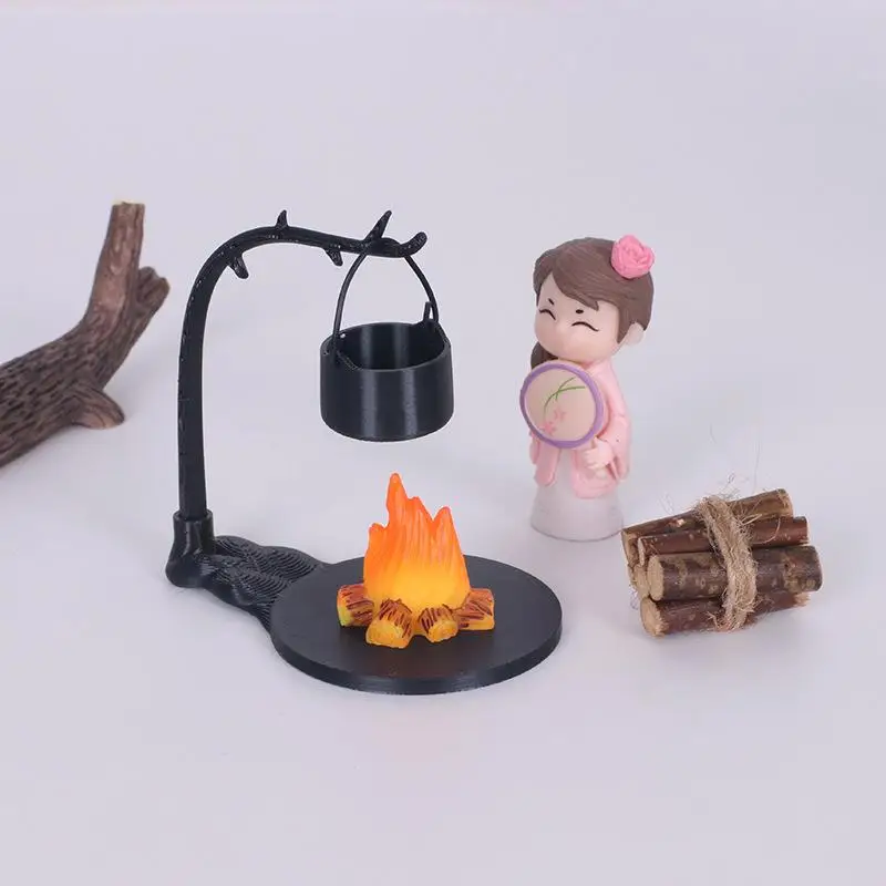 4PCS Outdoor Camping Micro Landscape Decoration Doll House Mini Hanging Stove And Fire Pile Scene Accessory