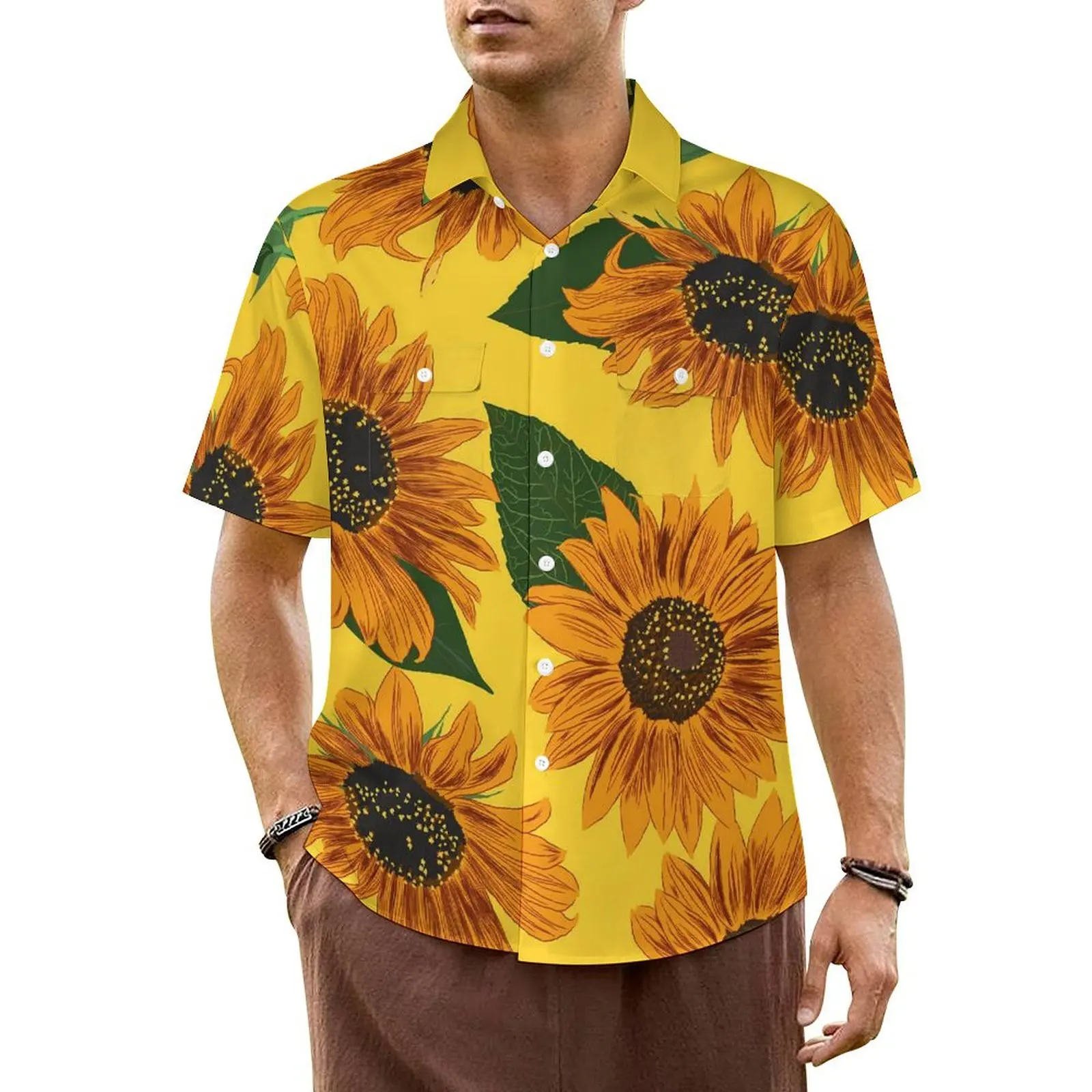 

Sunflower Print Casual Shirt Leaves and Flowers Trendy Hawaii Shirts Men Short Sleeve Beach Comfortable Design Oversized Blouses