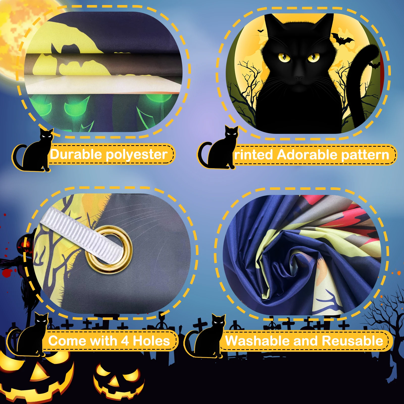 Halloween Black Cat Door Banner, Scary Cat Halloween Door Cover Halloween Door Decorations Trick or Treat Halloween Party Banner