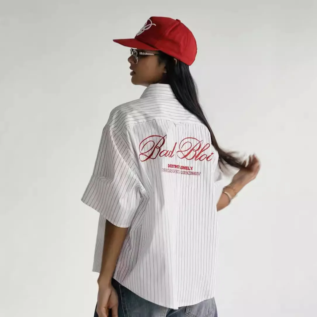 

ort Sve irt American Retro Stripes Simple Letter Embroidery Loose Casual irt Cotton 00% Thiened Summer 2024