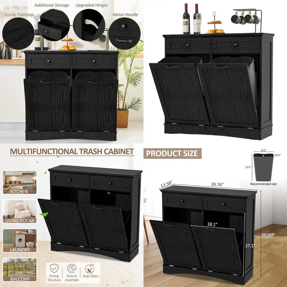 

Dual Bin Trash and Recycling Cabinet, 26 Gallons, Hidden Storage, Black