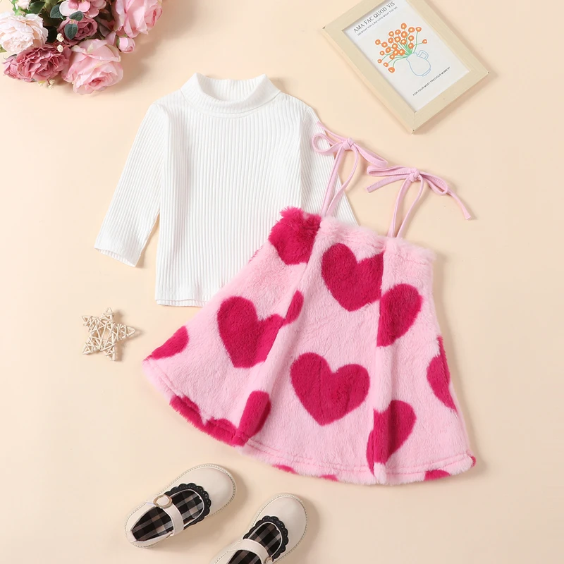 

Cute Baby Girl Autumn Set Cozy Ribbed Top with Heart Print Dress - Adorable 2-Piece Outfit for Fall Season