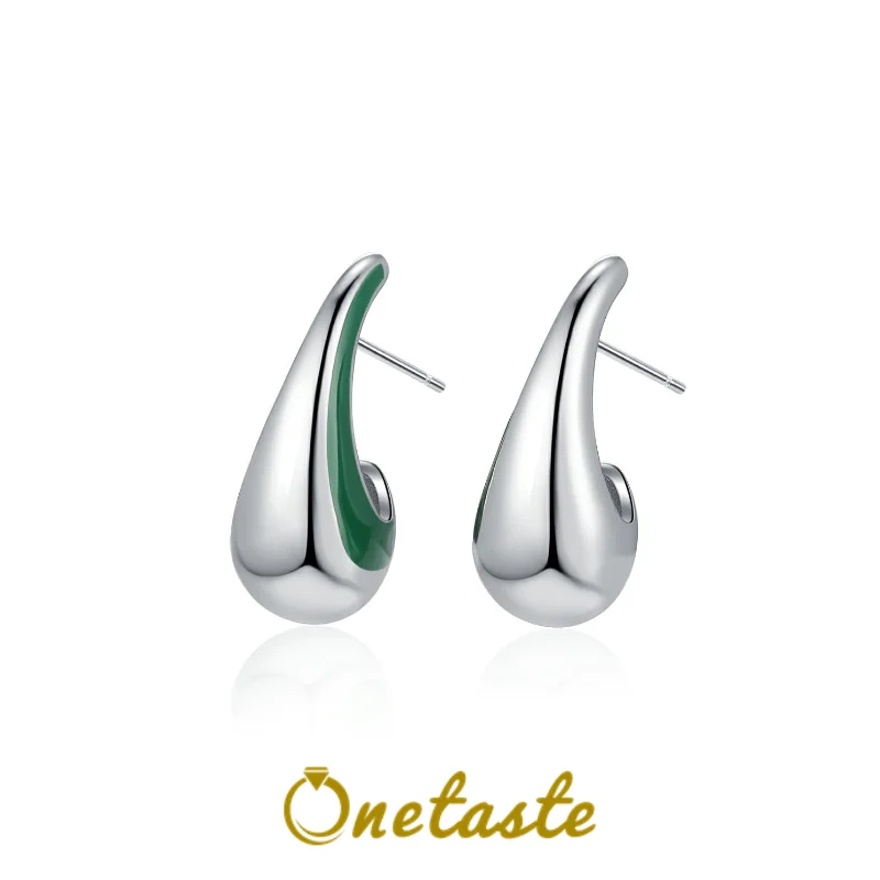 925 Sterling Silver Green Enamel Water Drop Small Earrings For Women Dainty Initial C-Shaped Lightweight Earrings 2025 New Gift