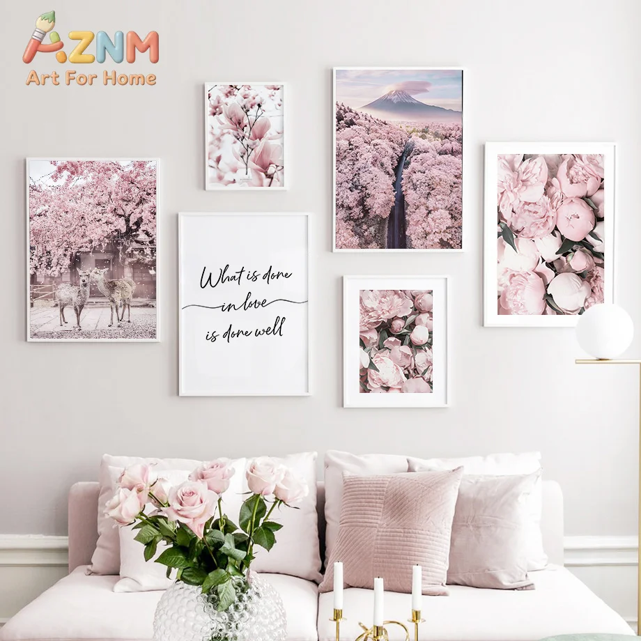 AZNM Japanese Style Pink Cherry Blossom Mount Fuji Canvas Wall Art Peony Magnolia Deer Inspirational Text Print for Bedroom Livi