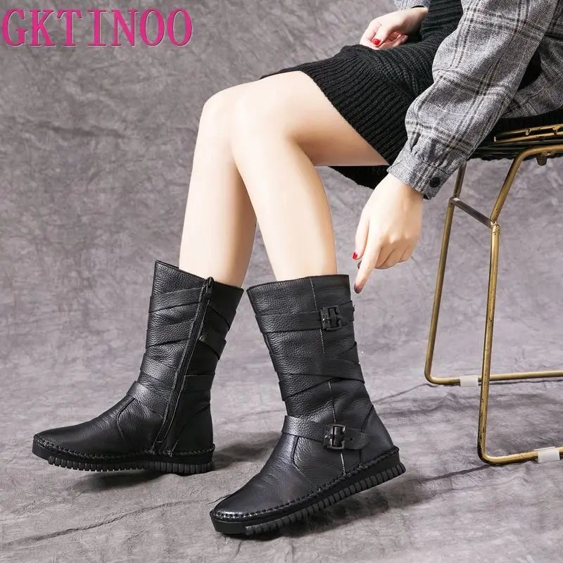 GKTINOO 2024 Fashion Women Boots Autumn Winter Shoes Soft Bottom 100% Genuine Leather Flat Mid Calf Boots Women Casual Warm Boot