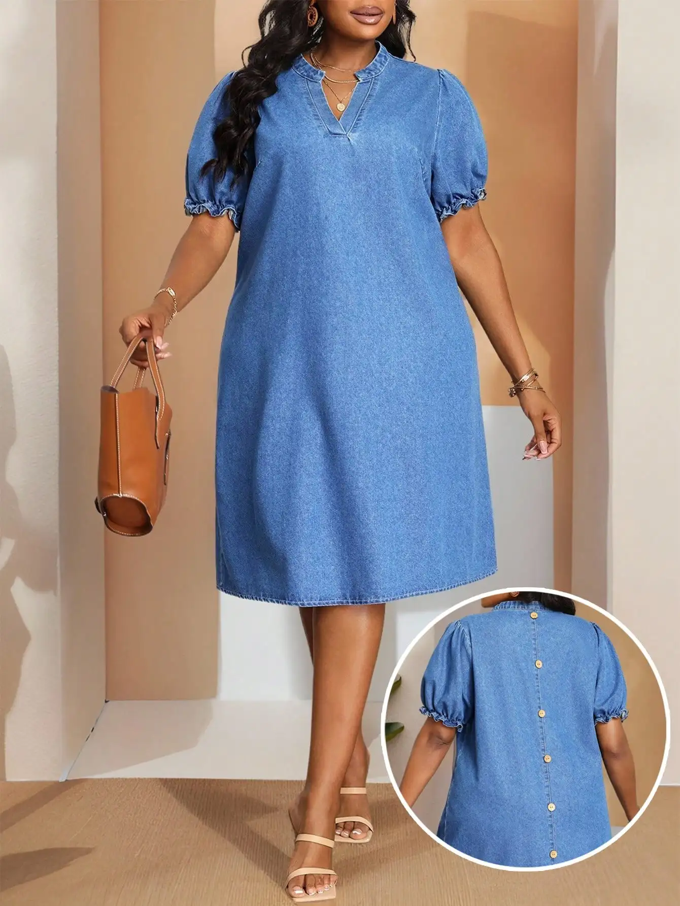 

Plus Size Loose Denim Dress with Puff Sleeves and Button Back