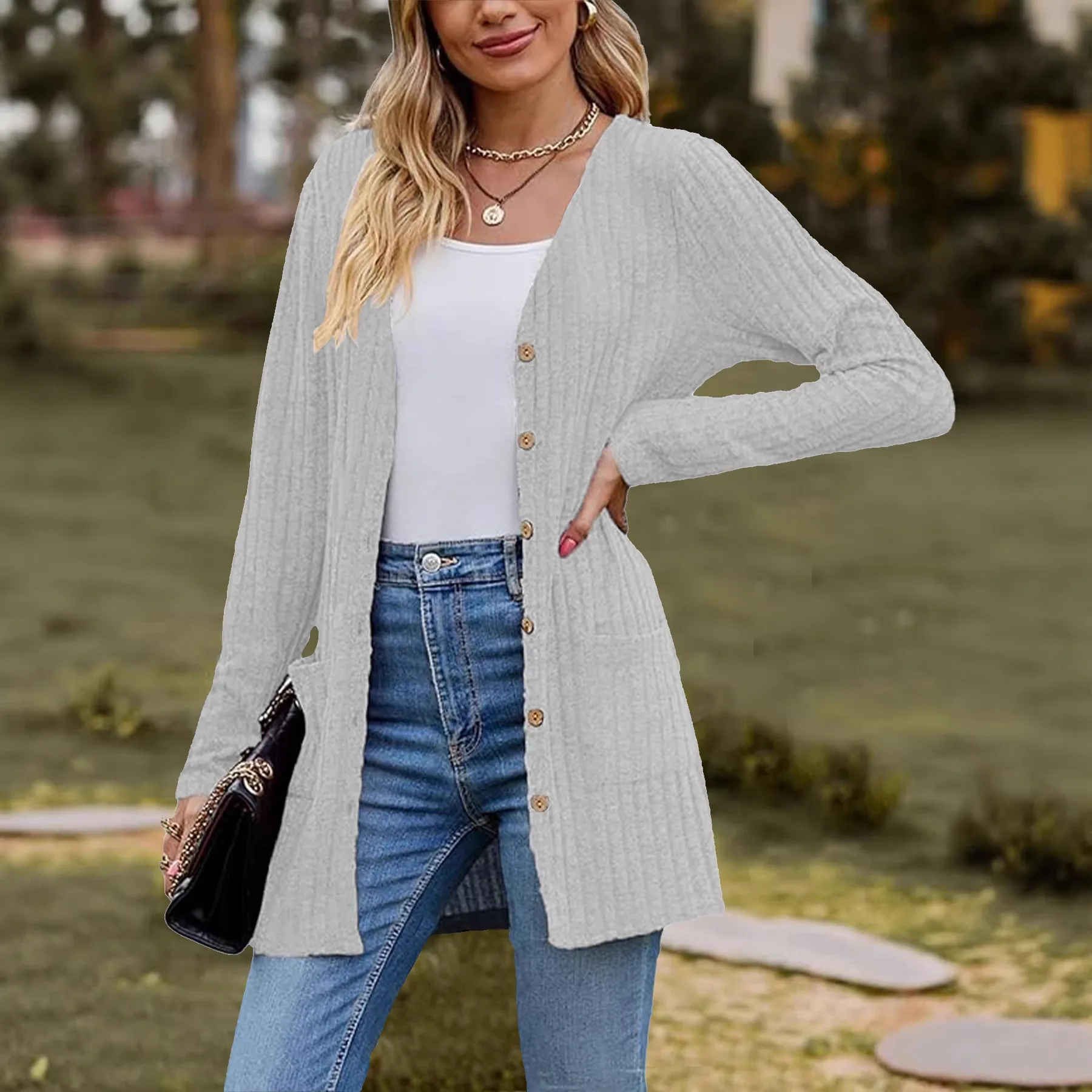 

Plus-size Women's Fleece-lined Ribbed Solid Color Long-sleeved Knit Ribbed Cardigan Coat