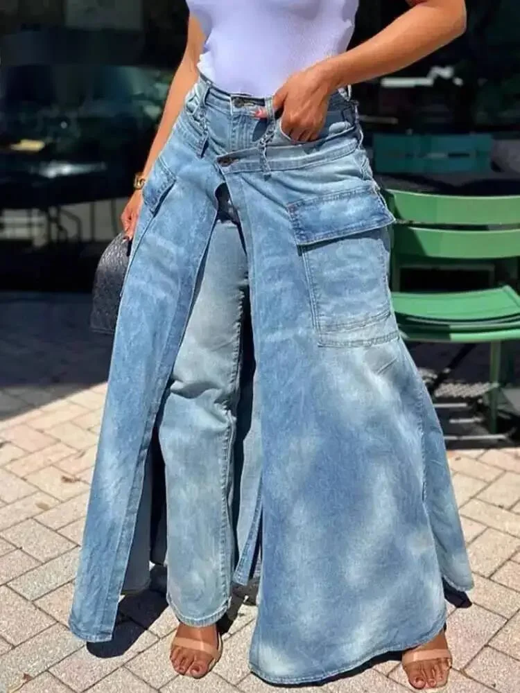 European And American Style Loose Fitting Fake Two-piece Slit Spliced Denim Skirt For Women Spring 2026 New 05E0MI6U