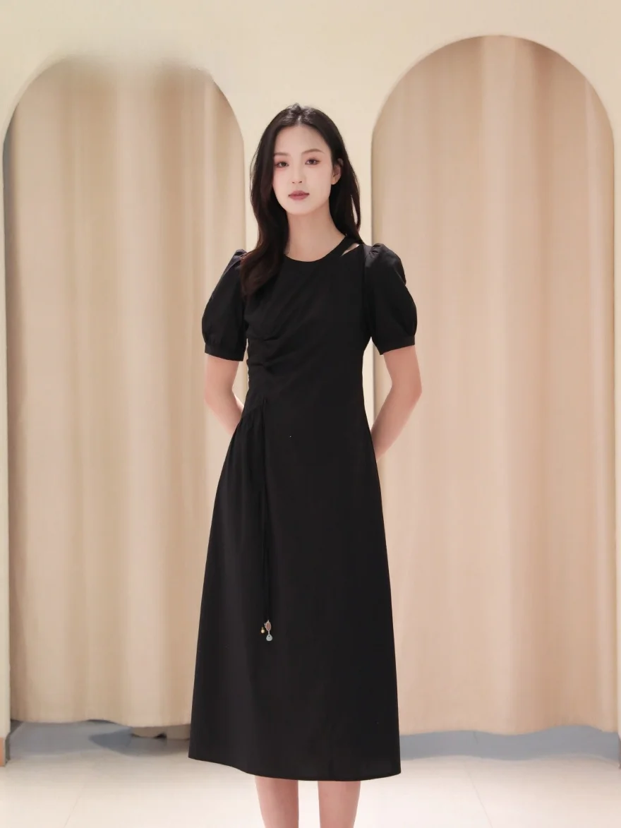 

Новое летнее базовое платье А-силуэта с высокой талией, утягивающее, из смесового хлопка, с коротким рукавом и круглым вырезом