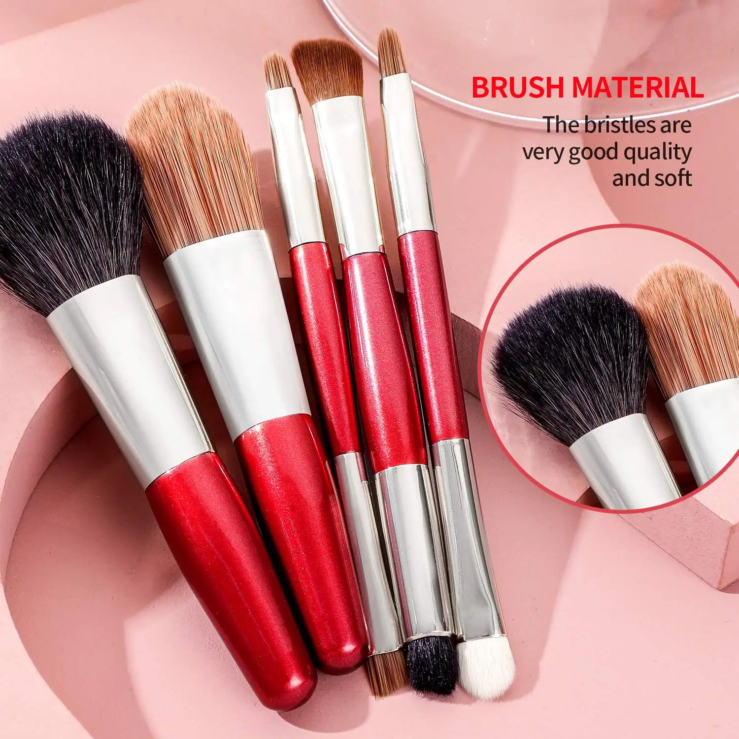 Cosmetic makeup brushes kit natural goat hair 5 pcs with travel case foundation-contouring-blending-blush-eyeshadow brushes