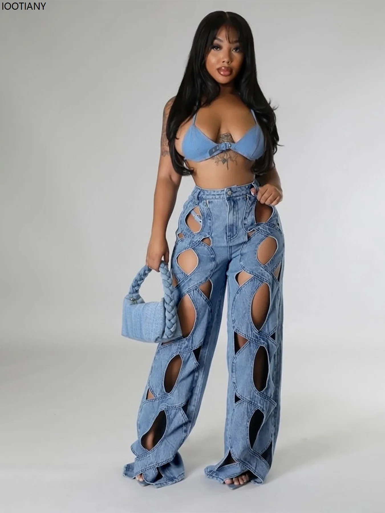 

Personalized Twisted Hollow Jeans Stretch Pants Sexy Ladies High Waist Elegant Street Denim High Street Casual Straight Pants