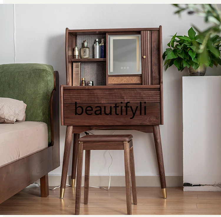 

Nordic light luxury solid wood makeup table North American black walnut multi-functional bedroom jewelry cabinet