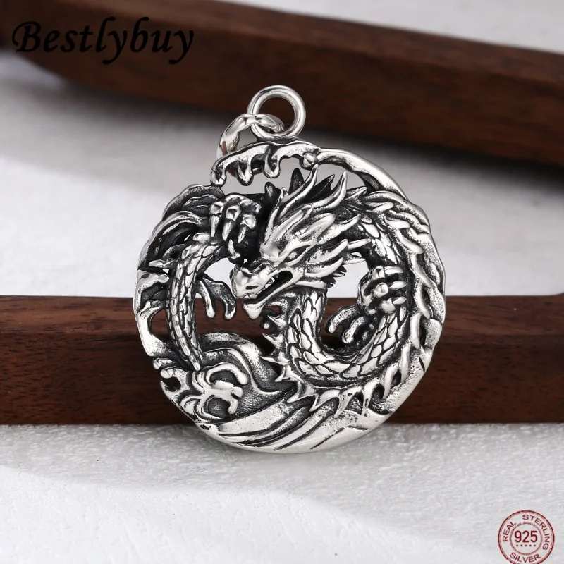 2025 new S925 Sterling Silver Lucky Dragon Round Pendant Men's Retro Thai Silver Personality Domineering Punk Jewelry