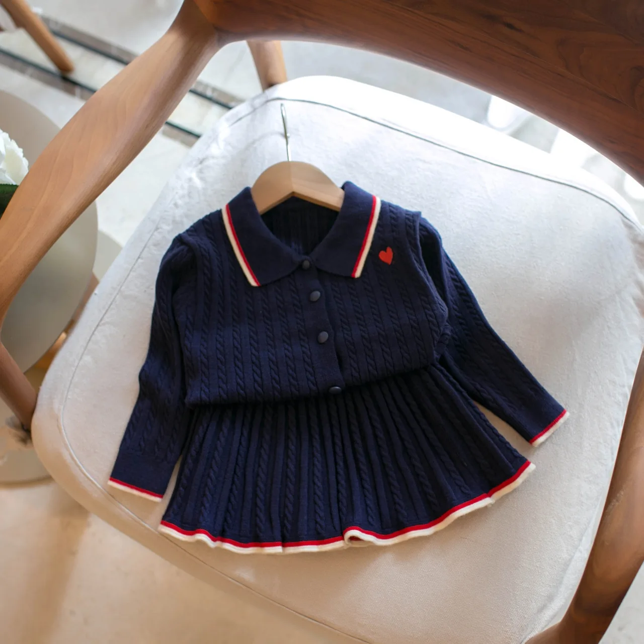 2026 Autumn/Winter Girls' Campus Style Flip Collar Cardigan Sweater+pleated Skirt Two-piece Set Kids Suits School Uniform 2-6Y 3