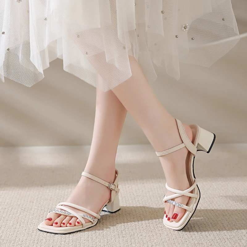 Luxury Slingback Sandals Women Designer 2024 Summer New Block Heel Female Shoes Simple Thin Strap Dress Shoes Sandalias De Mujer