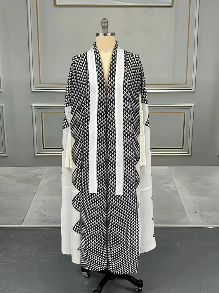 

Fashion Casual Elastic Cardigan Trench Chic Jacket Geometric Printed Loose Long Pleated Women's Jacket Miyake 2025 Summer New