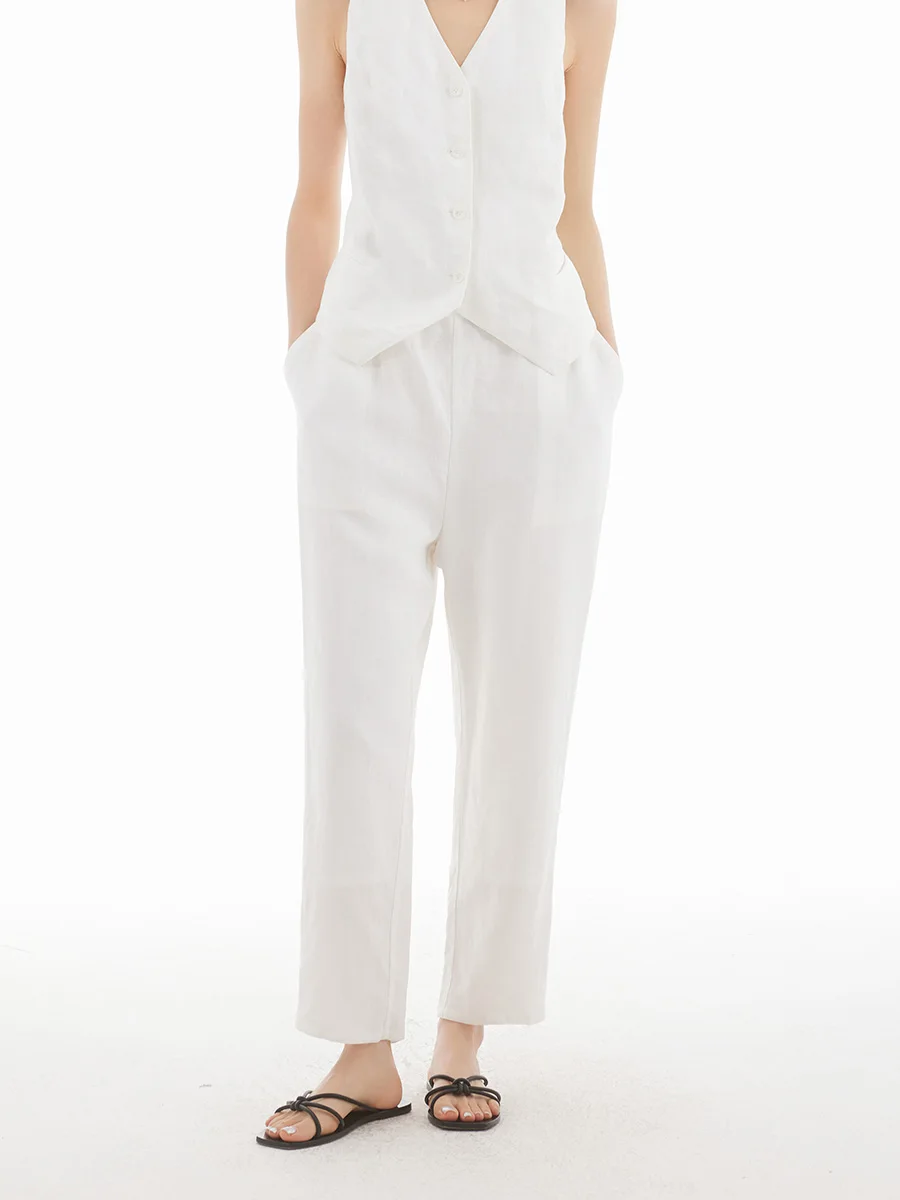 

Casual Sle High Waist Women's Linen Straight Leg Pants Summer Elastic Waist Slim Fit Nine Points with Inner