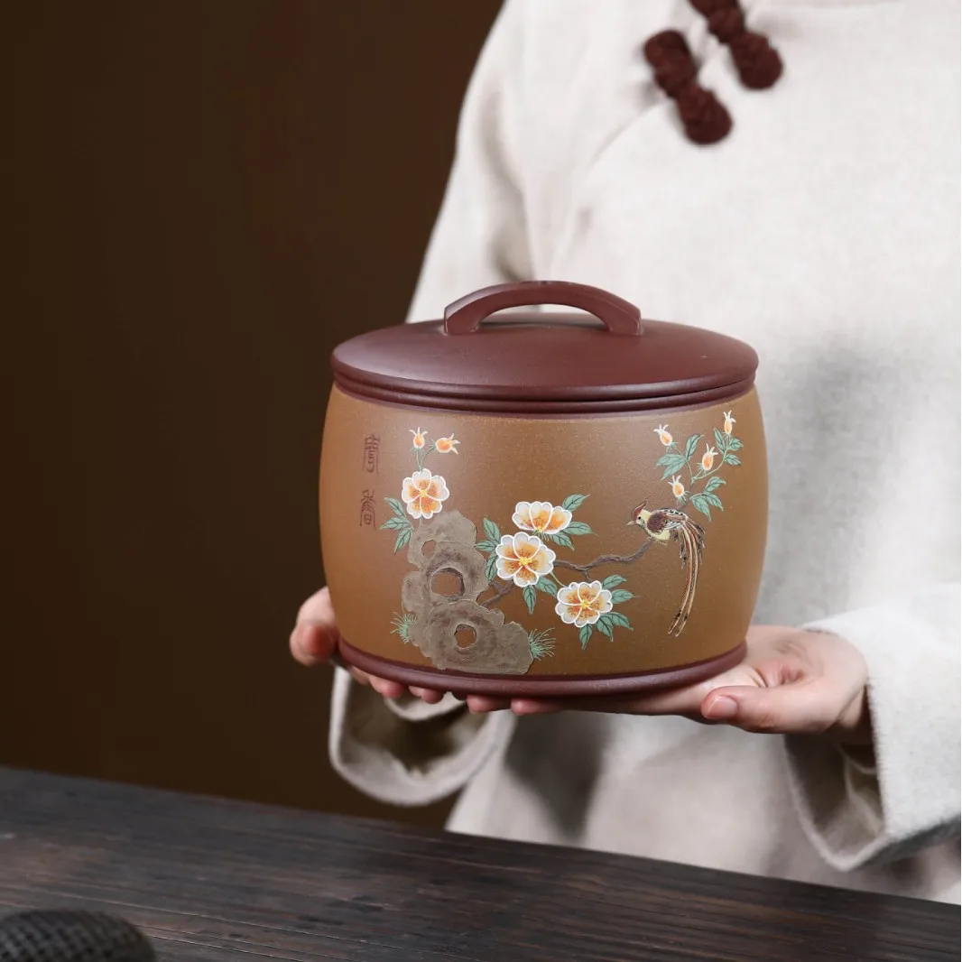 Clay-Painted Floral And Bird Design Purple Clay Suction Cup Small Loose Canister, Exquisite Vintage Sealed Tea Storage Canister
