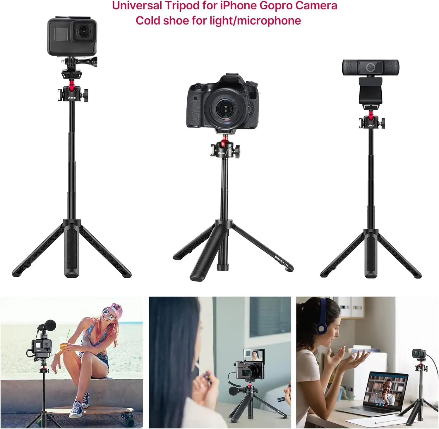 Leichtes, einziehbares Kamerastativ 360 °   Kugelkopf-Kaltplatten-Desktop-Ständer für DSLR-Actionkameras