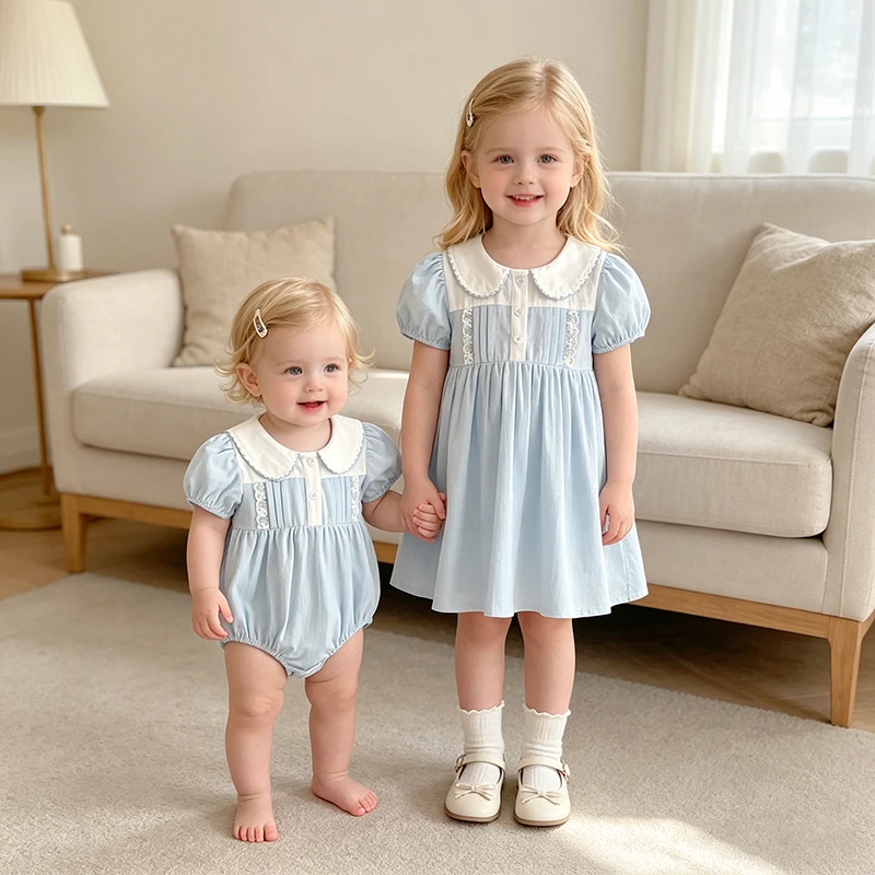 2026 Neuer Sommer-Baby-Strampler 0-24M Kurzarm Baumwolle Baby Mädchen Blauer Bodysuit 2-6 Jahre Kinder Prinzessinnenkleid Schwesterkleid