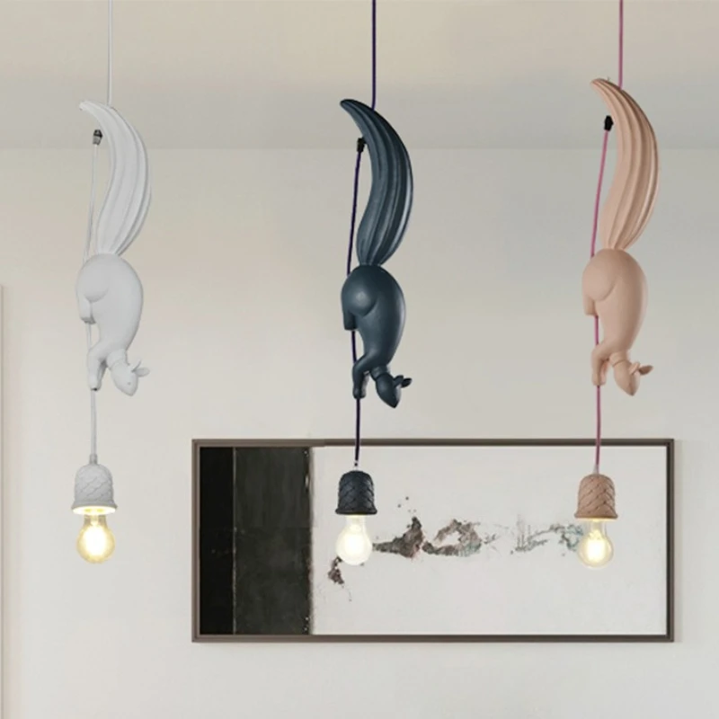 Nordic Resin Squirrel Led Pendant Lights Modern Industrial Children's Room Kitchen Hanging Lamp Loft Animal Light Fixtures Decor