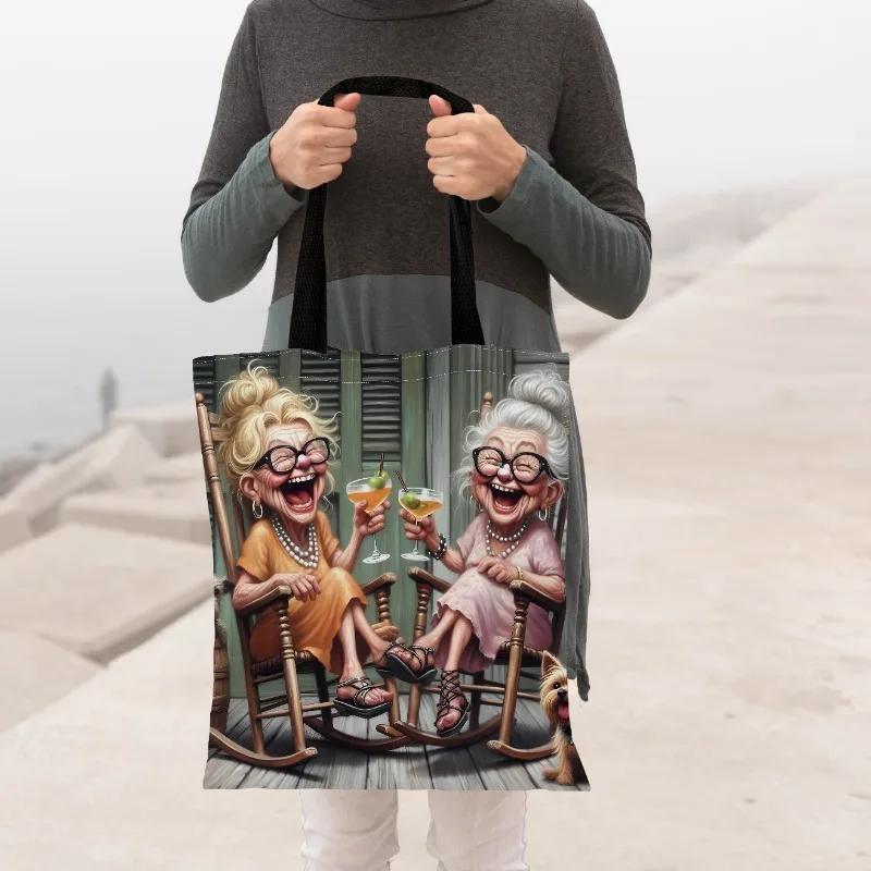 Women Tote Bag Vintage Two Grandmas Chatting & Drinking Print Polyester Shoulder Bag Lightweight Illustration Handbag Daily Use