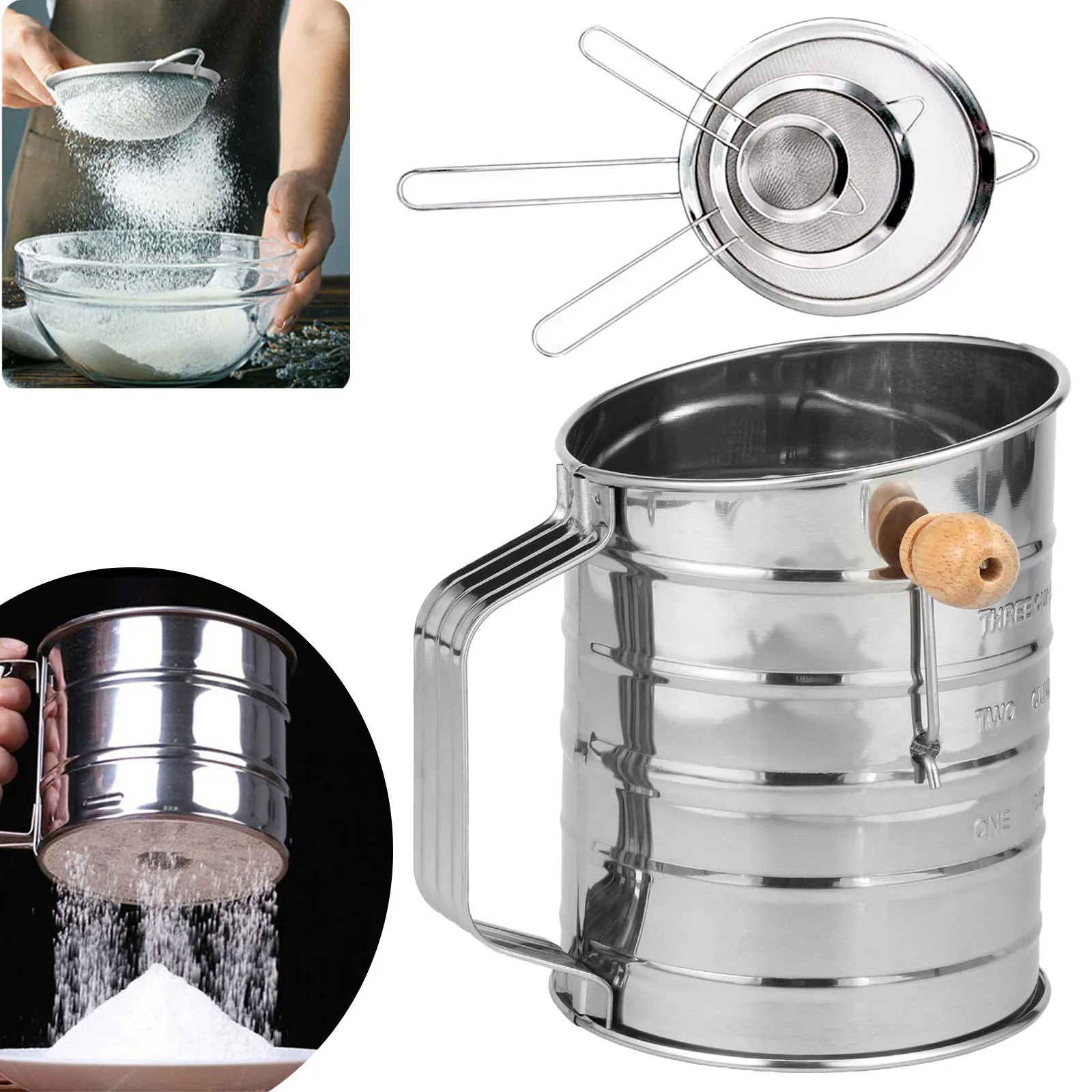 

Flour Sifter Stainless Steel Fine Mesh Baking Sifter Rustproof Hand Press Flower Sifter Pastry Baking Tools Powder Flour Mesh Si