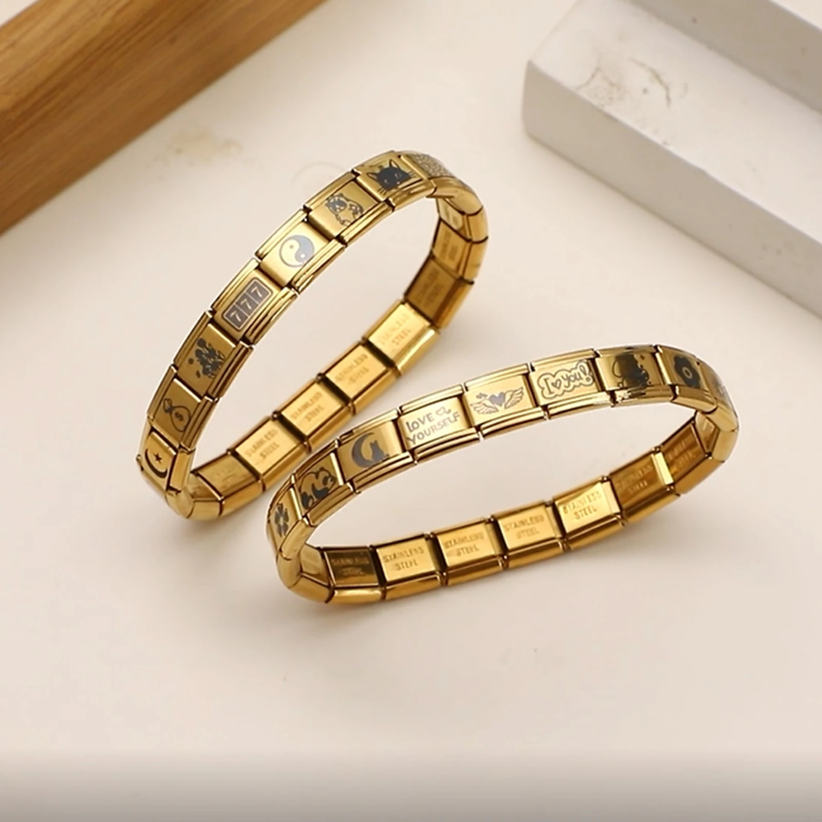 Laser Engraving Leopard Heart Flower Guitar Moon Cat Cherry Italian Charm Link Fit 9mm Bracelet Stainless Steel Women Diy Making