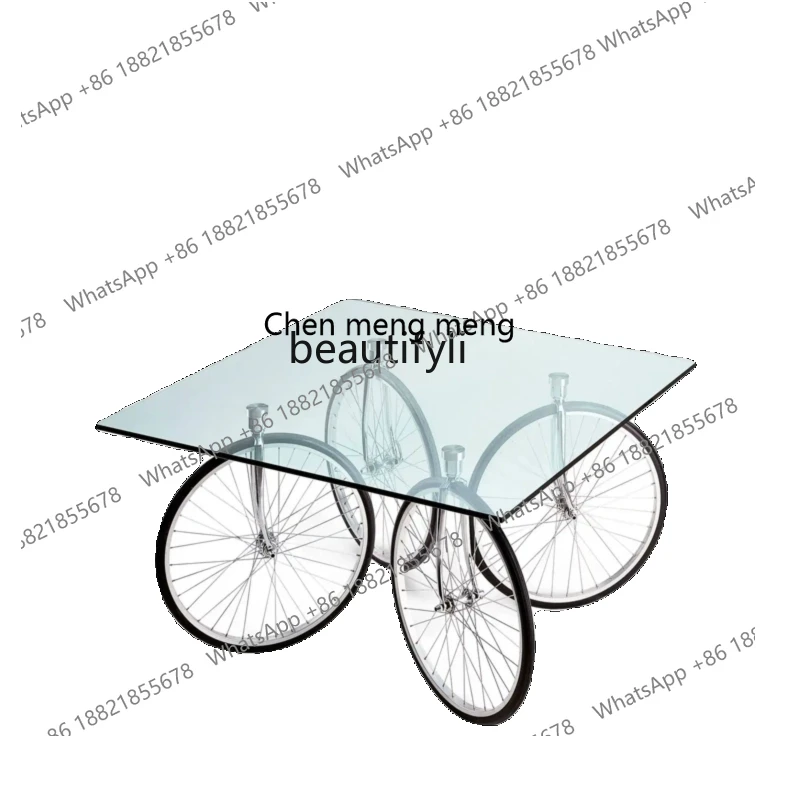 S7486 ss Nordic Modern Designer Creative Transparent Glass Tea Table Leisure Living Room Dining Table Model Room Wheel Tea Table