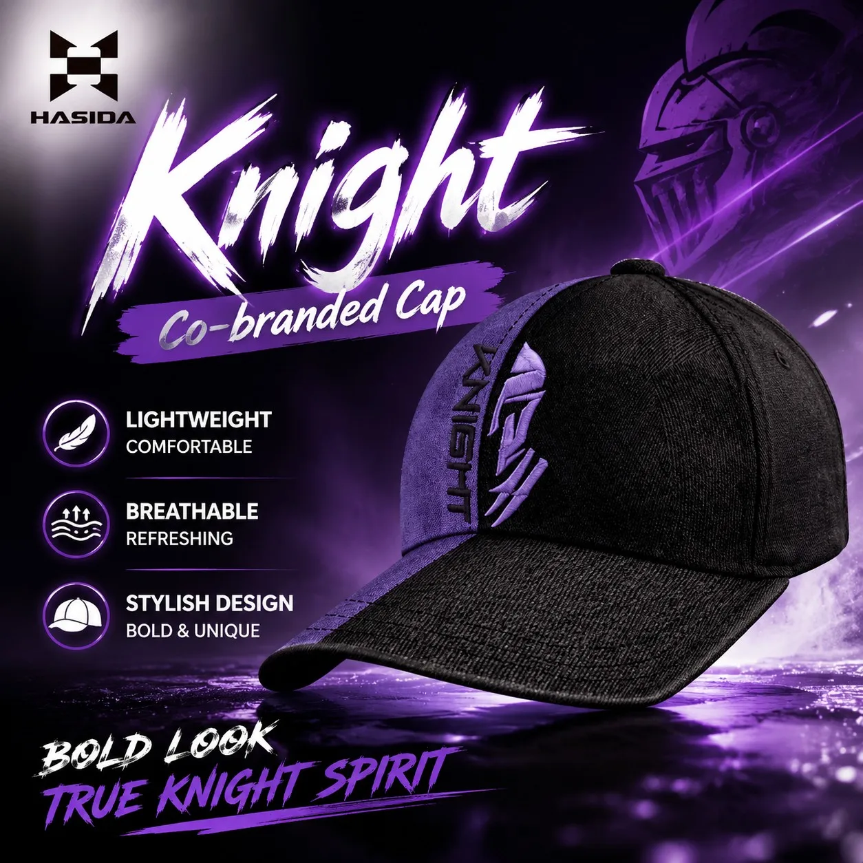 HASIDA Knight Co-Branded Kappe mit Gebogenem Schirm, Atmungsaktiv, 100% Baumwollstoff, 3D-Stickerei, Hochwertige Anglermütze