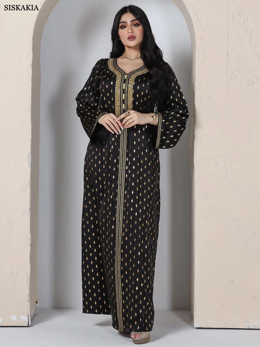 Siskakia Muslim Arab Female Loose Casual Retro Ethnic Printing Diamonds V-Neck Full Sleeve Clothing Abaya Women Dubai Long Dress