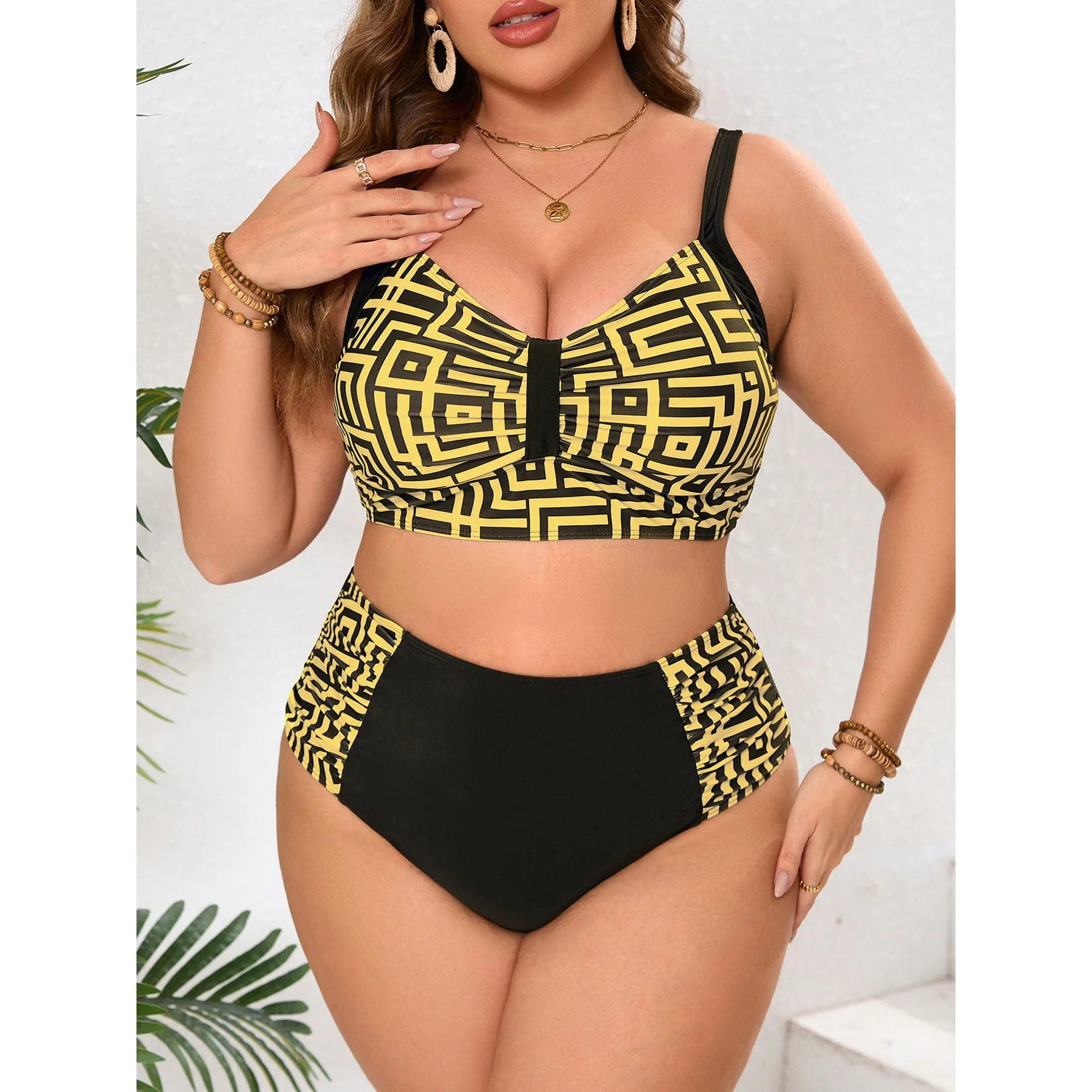 Plus Size 2 Pcs High Waisted Bikini Set Geometric Mosaic Print Crop Top Adjustable Strap Tummy Control Curvy Women Bathing Suit