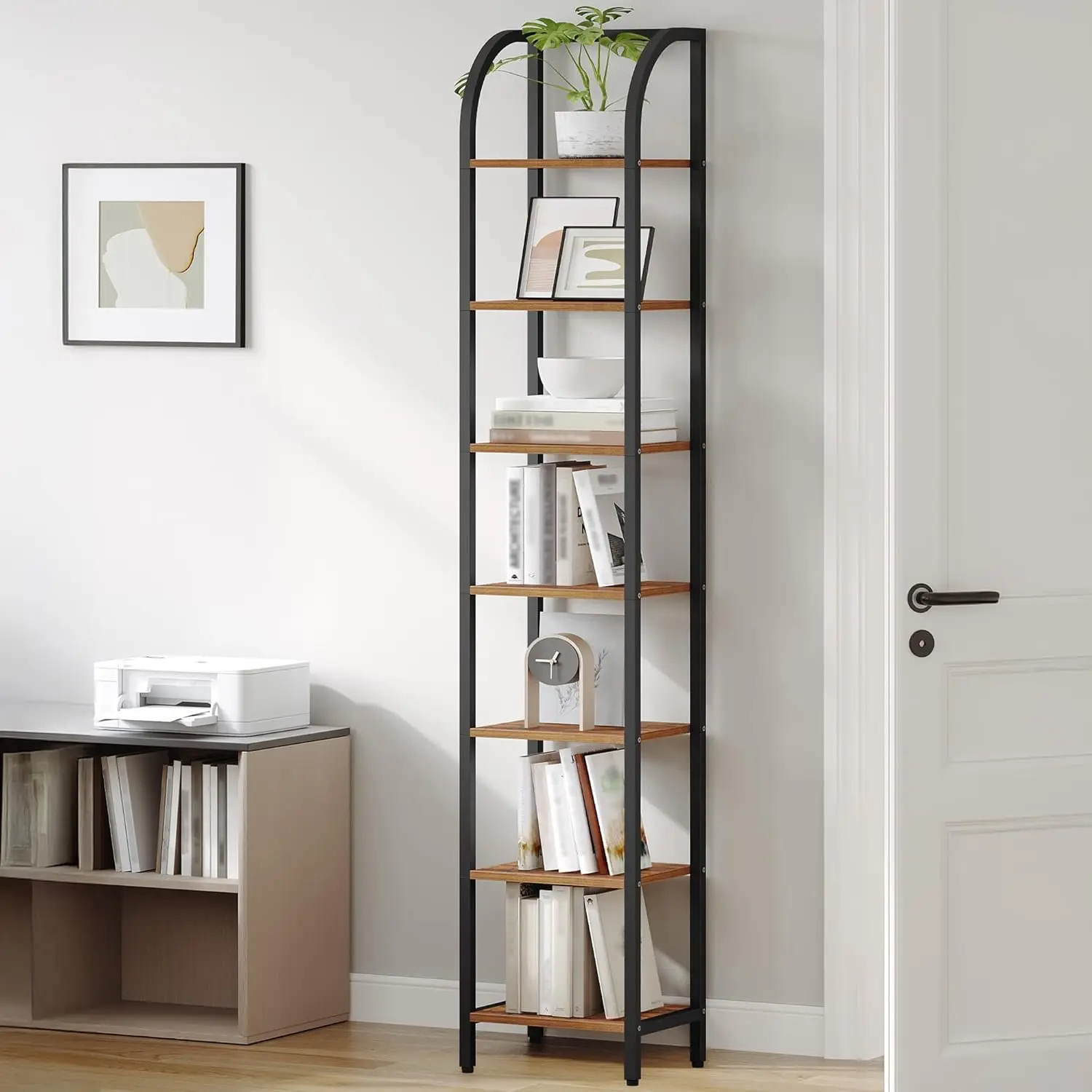 

Narrow 7-Tier Rustic Bookcase Steel Frame Tall Storage Shelf Study Living Room Home Office, Customized