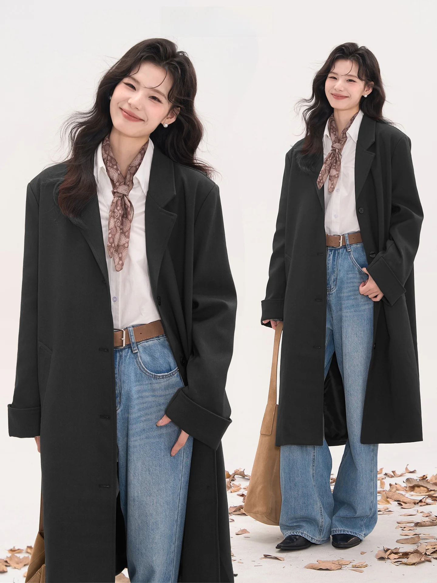 

Ele Mid-Length Women's Suit Jaet Autumn Aosphere Windbreaker Coat Korean Sle Loose Fit Long Sve Polyester Blend