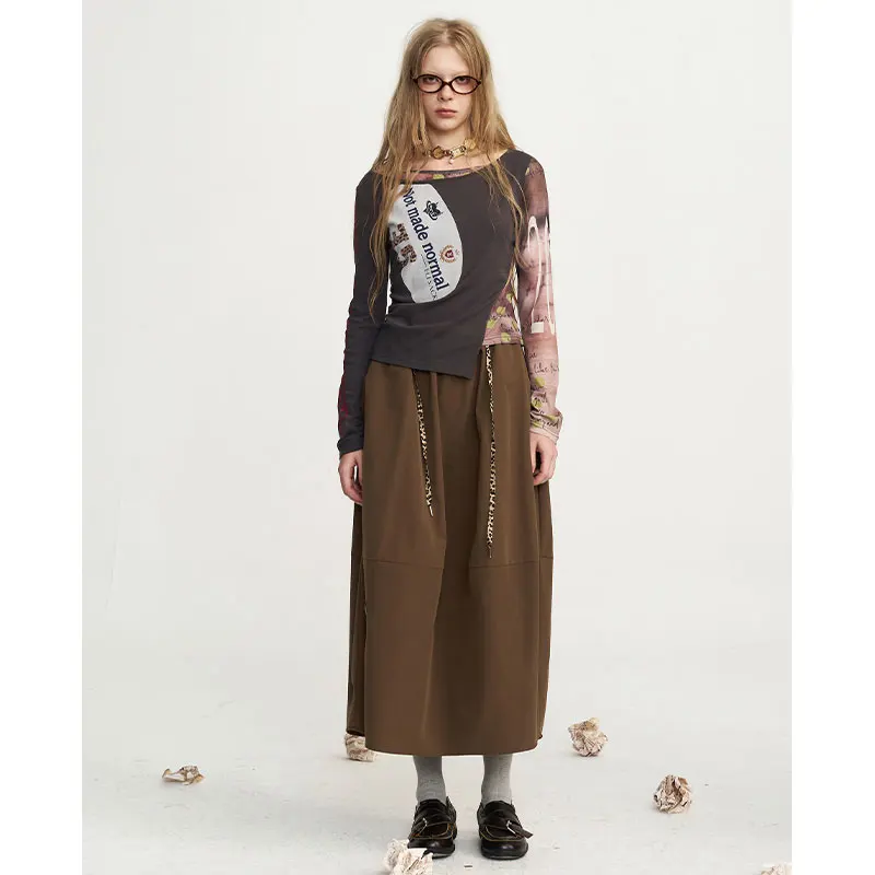 ELFSACK Women Y2K Midi Skirt with Leopard Heart Patch, Elastic Waist Drawstring Loose A‑Line Skirt for Fall Daily Outfit