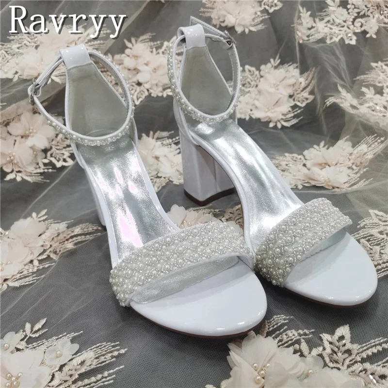 

New Fashion White Pearl Bride Shoes Women Open Toe String Bead Ankle Strap Thick High Heels Sandals for Wedding Party