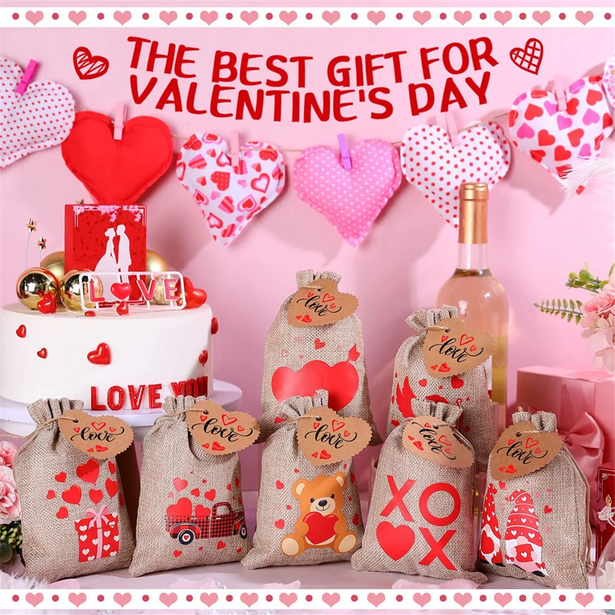 24 Pieces Valentine'S Day Burlap Gift Bags with Drawstring Heart Bags Party Favor Bag with Heart Mini 10 X 15cm