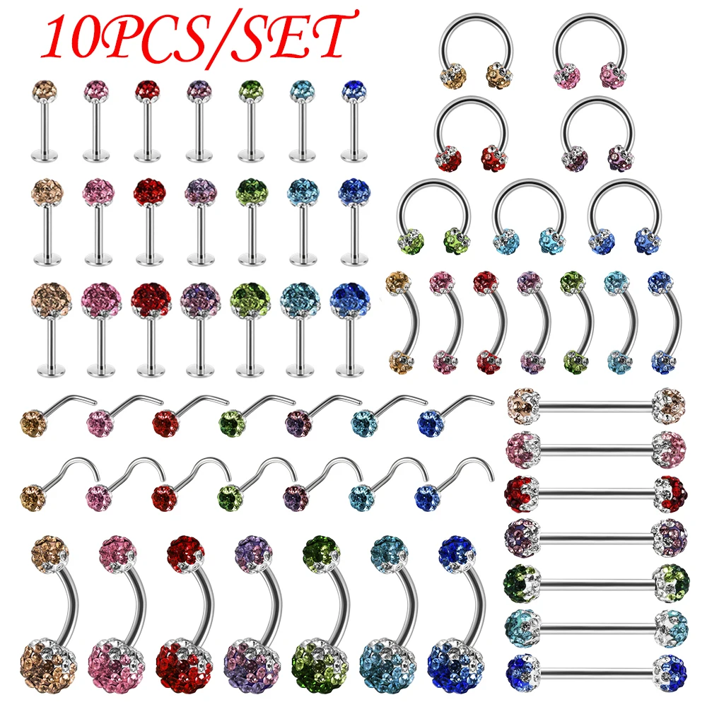 10PCS/SET Surgical Steel Double Crystal Balls Belly Button Ring Rhinestones Tongue Barbell Circular Earrings Body Piercing Kit